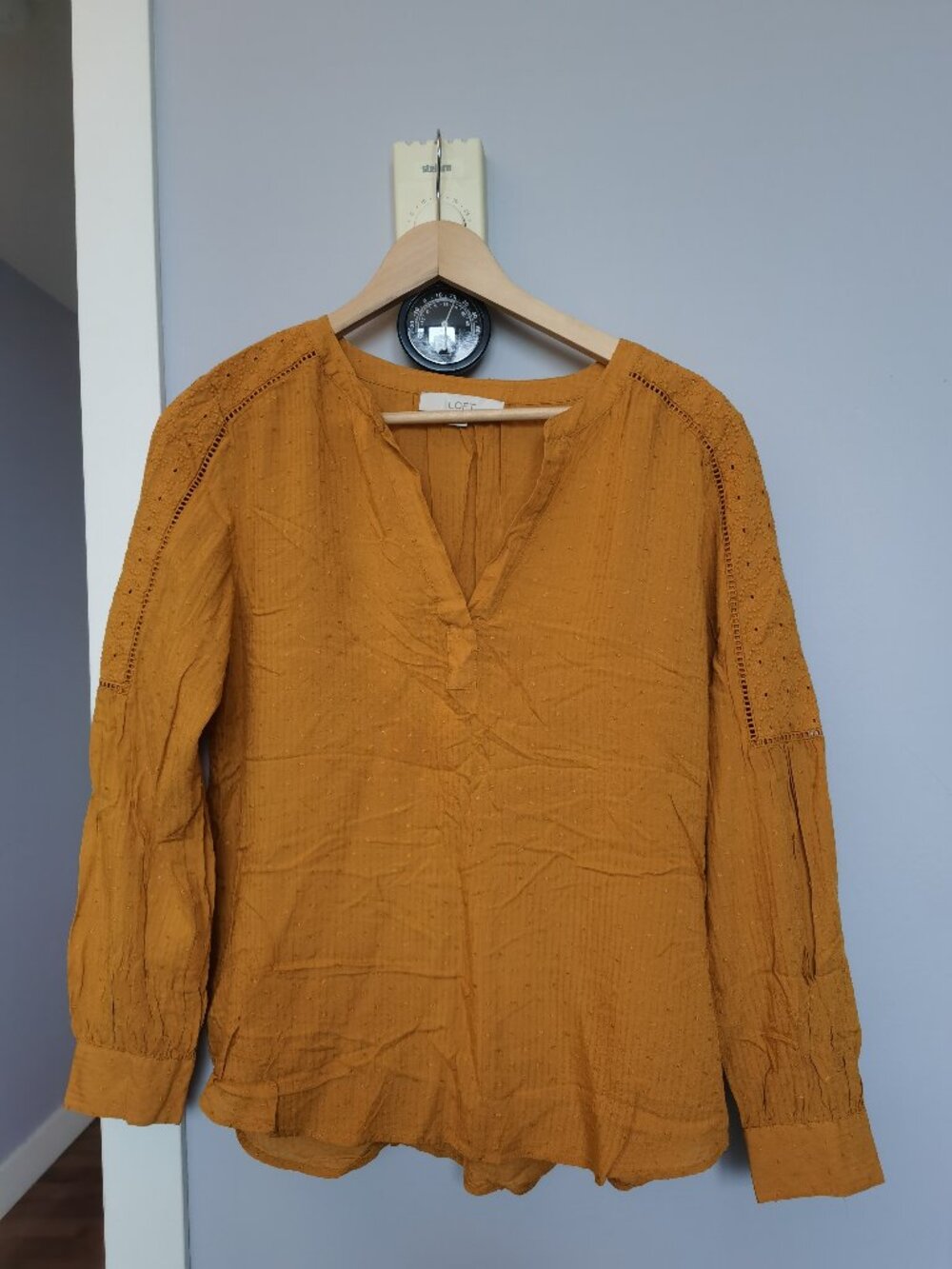 LOFT Mustard Eyelet Long Sleeve Blouse | Size M